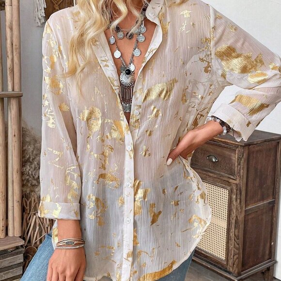 Boho Women's Full Printed Long Sleeve button down Shirt - Picture 6 of 8